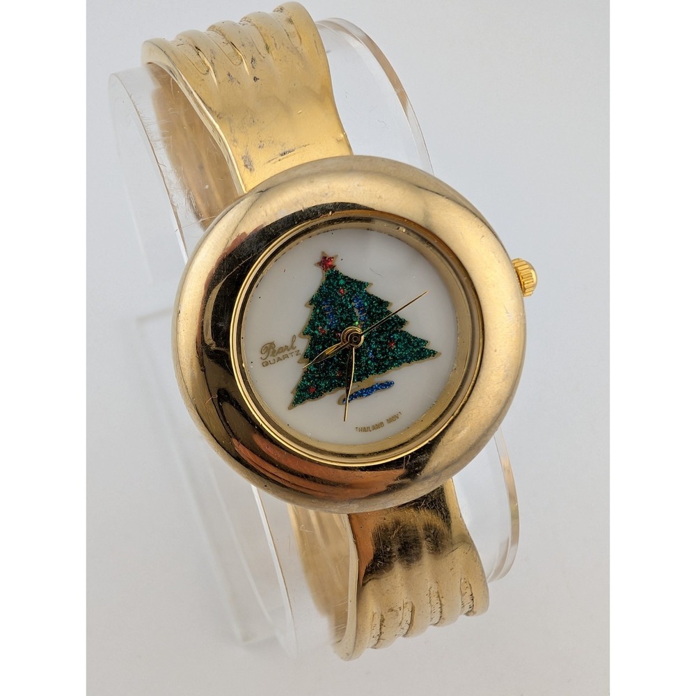 Vintage Pearl Christmas Tree Watch Women 30mm Case Gold Bangle Band- New Battery